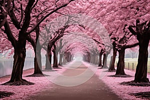 Blossoming Park pink trees bench. Generate Ai