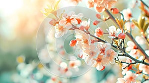 Blossoming pink cherry trees garden in spring. Spring nature freshness and renewal background