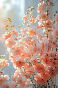 Blossoming pink flowers bathed in soft sunlight, Generated AI