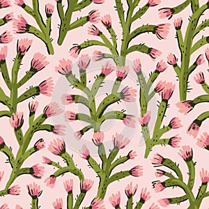 Blossoming prickles. Seamless pattern. Gouache painting. Floral print design
