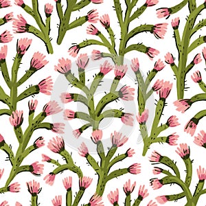 Blossoming prickles. Seamless pattern. Gouache painting. Floral print design in pink and green colors