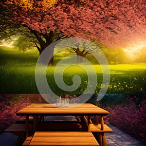 blossoming sakura cherry tree background with empty wooden table for product display, spring nature blurred background,