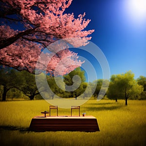 blossoming sakura cherry tree background with empty wooden table for product display, spring nature blurred background,