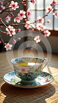 Blossoming serenity: steaming tea with cherry blossoms and sunlit ambiance