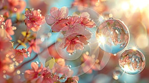 Blossoming spring branch with floating bubbles