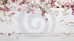 blossoming spring flowers and scattered petals on white rustic wooden texture table top view with copy space