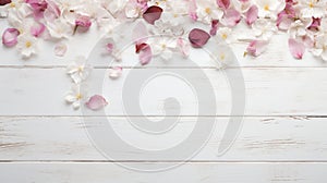 blossoming spring flowers and scattered petals on white rustic wooden texture table top view with copy space