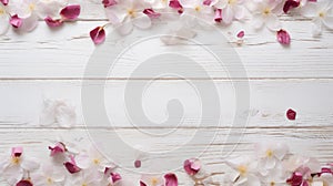 blossoming spring flowers and scattered petals on white rustic wooden texture table top view with copy space