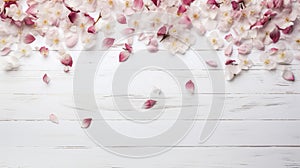 blossoming spring flowers and scattered petals on white rustic wooden texture table top view with copy space