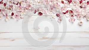 blossoming spring flowers and scattered petals on white rustic wooden texture table top view with copy space