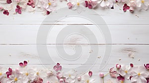 blossoming spring flowers and scattered petals on white rustic wooden texture table top view with copy space