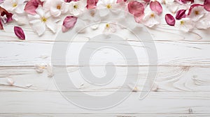 blossoming spring flowers and scattered petals on white rustic wooden texture table top view with copy space