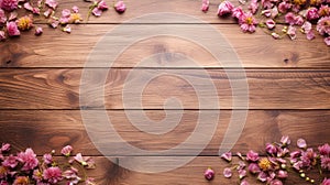 blossoming spring flowers and scattered petals on wooden table top view with copy space