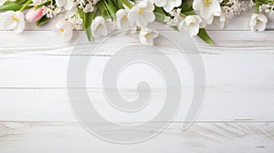blossoming spring flowers on white rustic wooden table top view with copy space