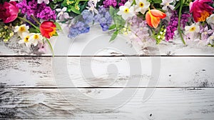 blossoming spring flowers on white rustic wooden table top view with copy space