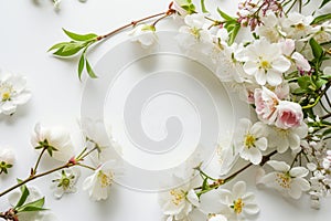 Blossoming tree branch with white flowers on white background, copy space, top view, spring concept