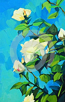 Blossoming white roses, painting by oil on a canvas photo
