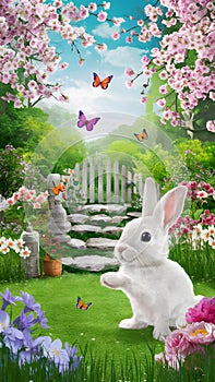 Blossoms, butterflies, and bunnies springtime surprises in vibrant garden scenes