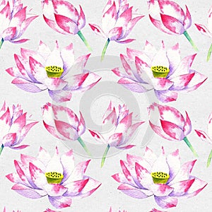 Blossoms and flowers of lotus watercolor seamless pattern