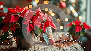 Blossoms of Love, A Majestic Potted Plant Crowned by Vibrant Red Flowers on an Exquisite Table