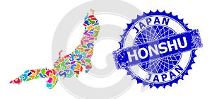 Blot Pattern Honshu Island Map and Grunge Stamp
