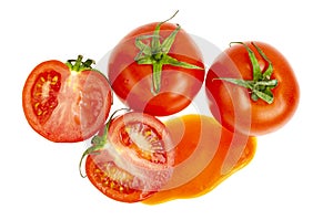 Blot of tomato juice and fresh red tomatoes isolated on white background
