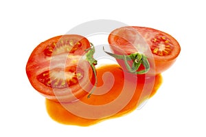 Blot of tomato juice and fresh red tomatoes isolated on white background