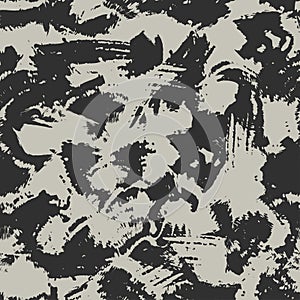 Blots camo seamless background. Chaotic monochrome pattern of paint splashes spots. Vector hand drawn camouflage