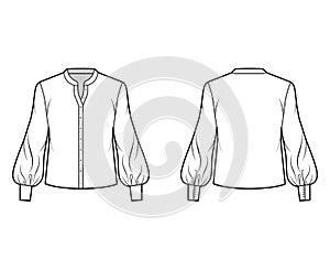 Blouse technical fashion illustration with curved mandarin collar, long bishop sleeves with cuff, oversized body.