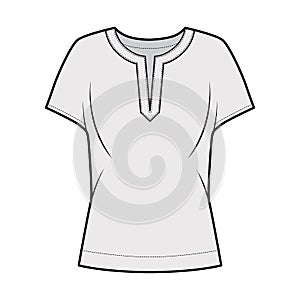 Blouse technical fashion illustration with split neckline, relaxed silhouette, wide short cap sleeves.