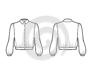 Blouson blouse technical fashion illustration with bouffant long sleeves, classic shirt neck, oversized, button up. Flat