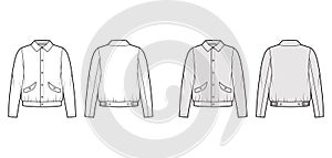 Blouson jacket technical fashion illustration with classic collar, oversized, long sleeves, flap pockets, snap fastening