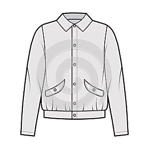 Blouson jacket technical fashion illustration with classic collar, oversized, long sleeves, flap pockets, snap fastening
