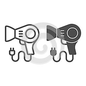 Blow drier line and solid icon, makeup routine concept, hair drier sign on white background, hairdrier icon in outline