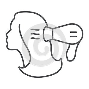 Blow dry thin line icon, hairdresser and blowdryer, hair dryer sign, vector graphics, a linear pattern on a white