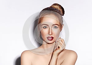 Blow sweet kiss. Beautiful woman with fashion lips make-up on white background. Valentines day Makeup. look