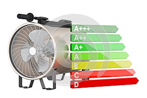 Blower heater with energy efficiency chart, 3D rendering