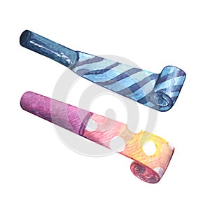 Blower horn party whistle watercolor drawing set. Birthday festival cartoon blowout blue stripe dotted. Anniversary