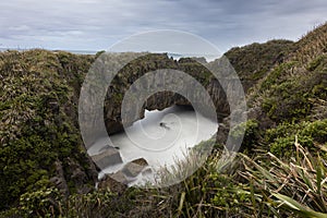 Blowhole view seen from the walktrack at Pancake rocks, New Zealand