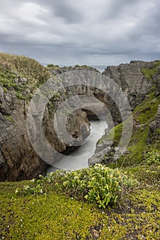 Blowhole view seen from the walktrack at Pancake rocks, New Zealand