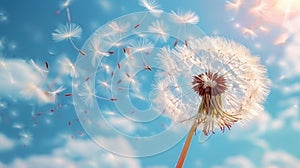 Blowing Dandelion Seeds Against Blue Sky