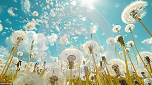 Blowing Dandelion Seeds in Field with Blue Sky