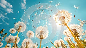 Blowing Dandelion Seeds in Field with Blue Sky