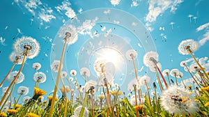 Blowing Dandelion Seeds in Field with Blue Sky