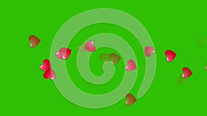 Blowing and disappearing red hearts. Animation of floating hearts on green screen. Heart particles as Like symbol for landing page