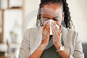 Blowing nose, business and sick black woman with tissue for hayfever, allergies and flu symptoms. Health, corporate and