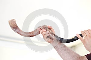 Blowing Shofar, Rosh hasanah Jewish New year Deer horn Shana Tova