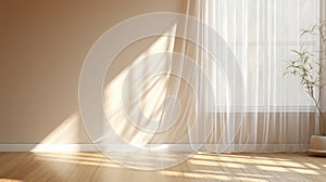 Blowing white sheer curtain window sunlight on blank vertical beige brown stripe wallpaper wall parquet floor for interior design