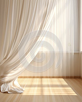 Blowing white sheer curtain window sunlight on blank vertical beige brown stripe wallpaper wall parquet floor for interior design