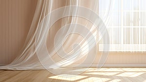 Blowing white sheer curtain window sunlight on blank vertical beige brown stripe wallpaper wall parquet floor for interior design